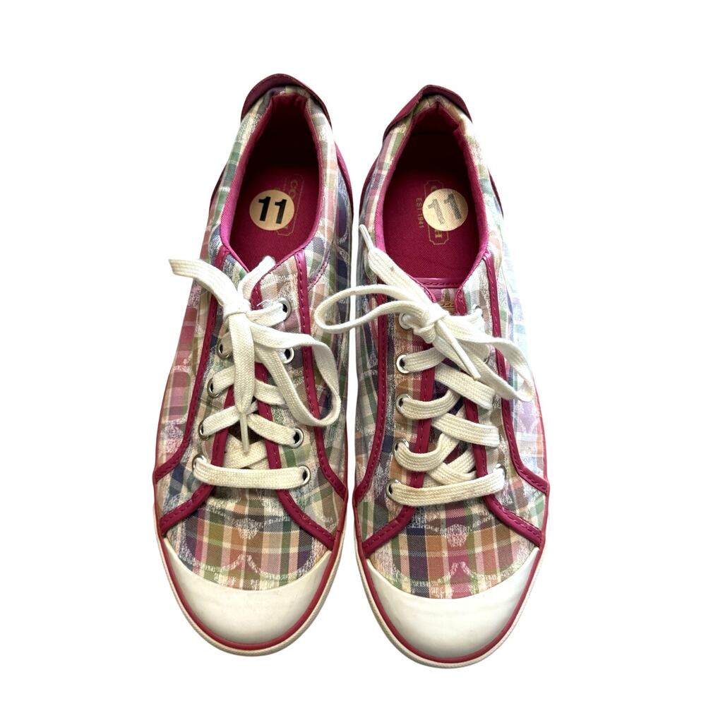 Coach Barrett Plaid Canvas Sneakers Womens 11B Pink Monogram Lace Up Shoes